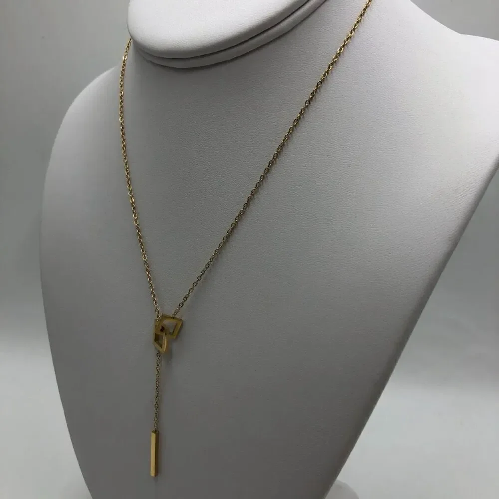18K Gold Plated Women's Dual Interlocking Square Charm Dangle Necklace Harmony